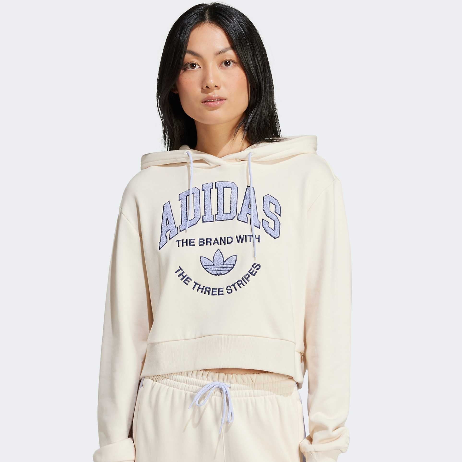 Adidas Originals Sports Varsity Cropped Hoodie in Cream and Purple