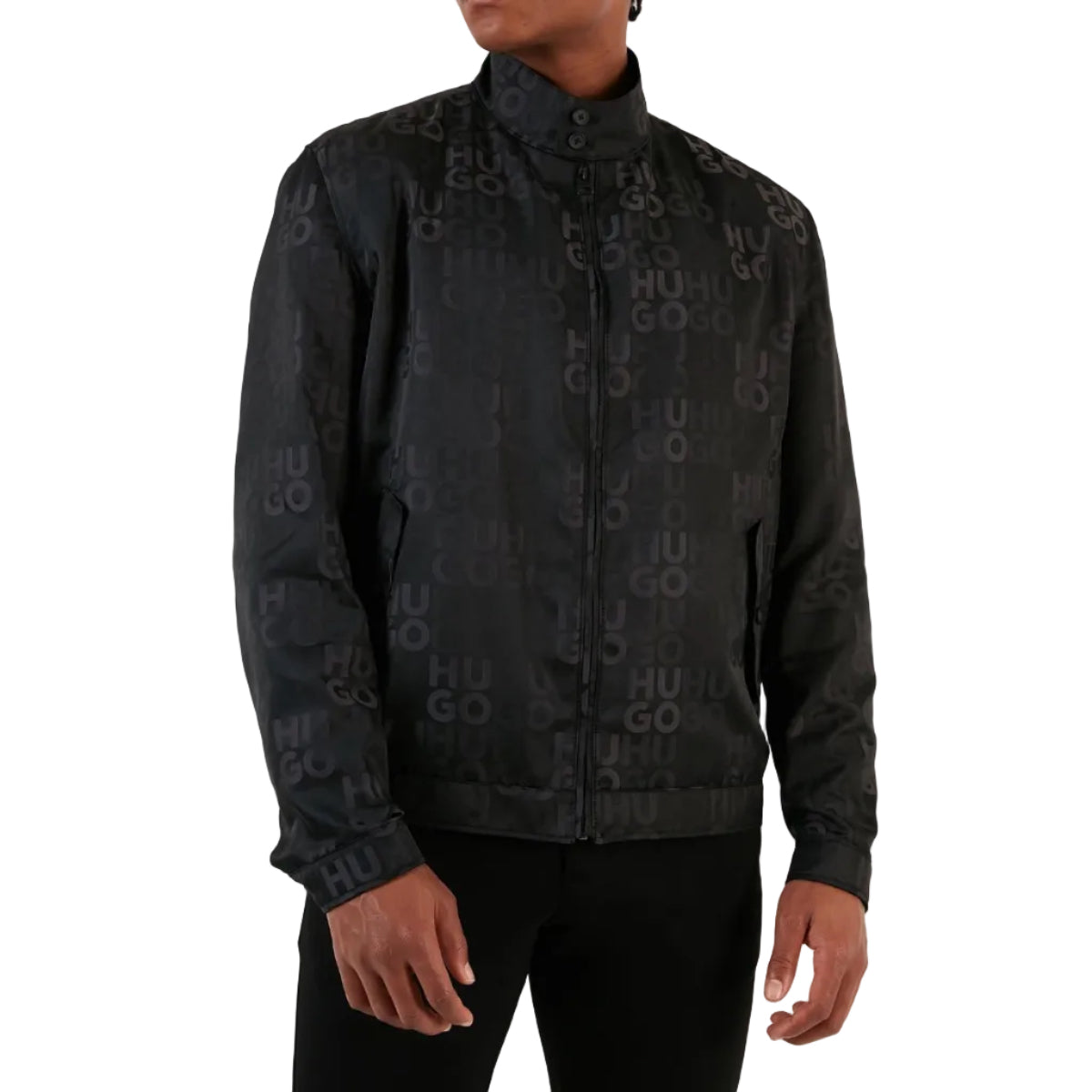 Hugo Boss Ukase 2341 water-repellent bomber Jacket in Black with an all-over tonal logo Jacquard Pattern
