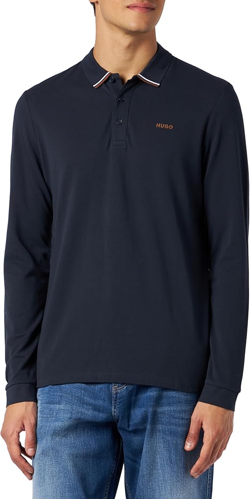 Hugo Men's Dono long-sleeved polo shirt in navy blue cotton