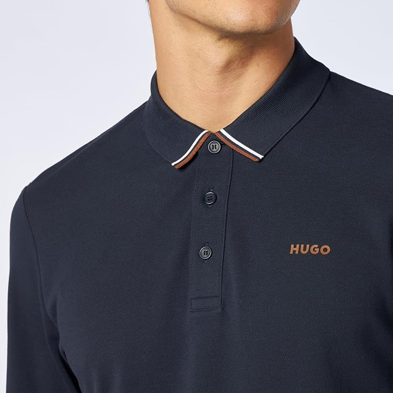 Hugo Men's Dono long-sleeved polo shirt in navy blue cotton