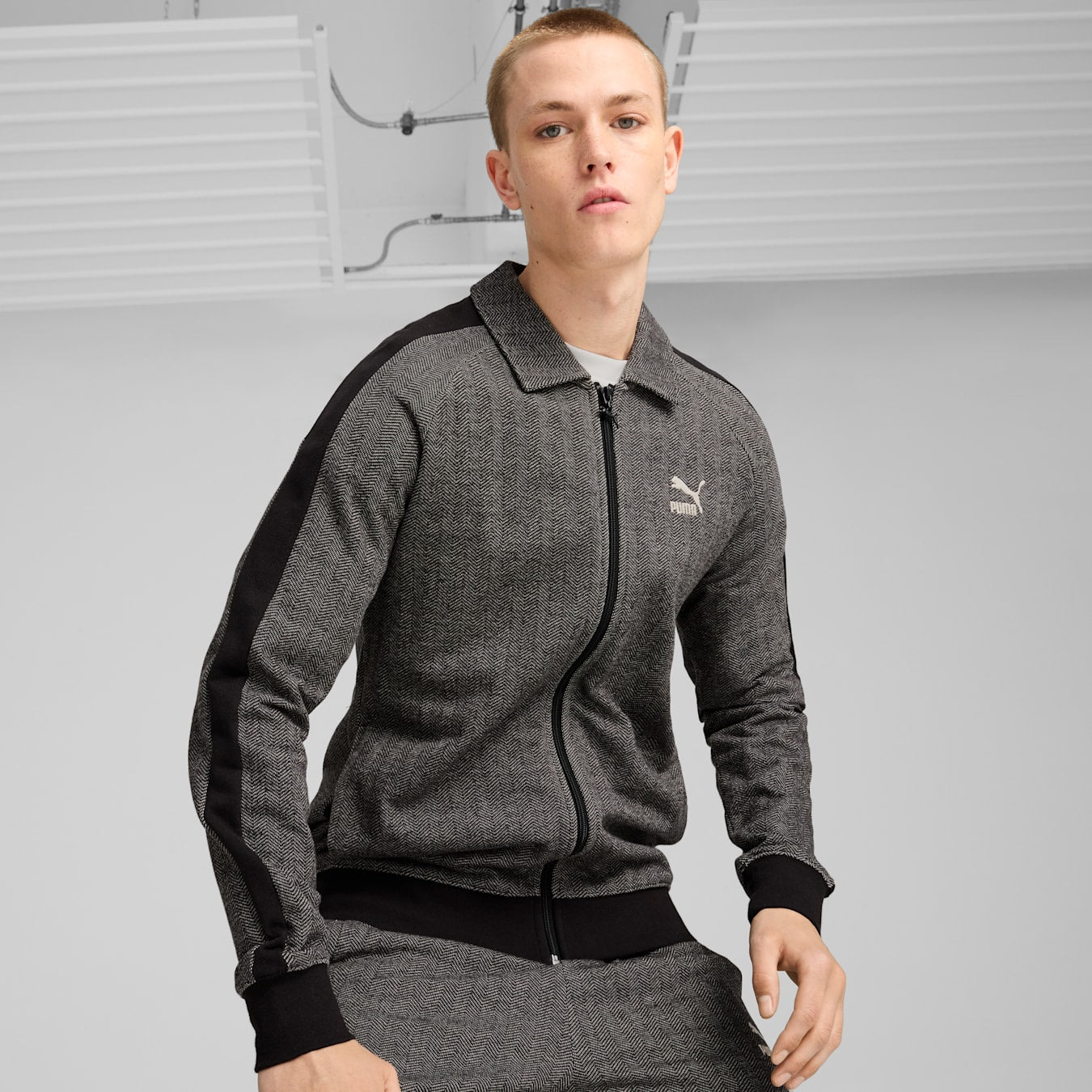 Puma T7 Track Jacket in Black/Grey herringbone pattern