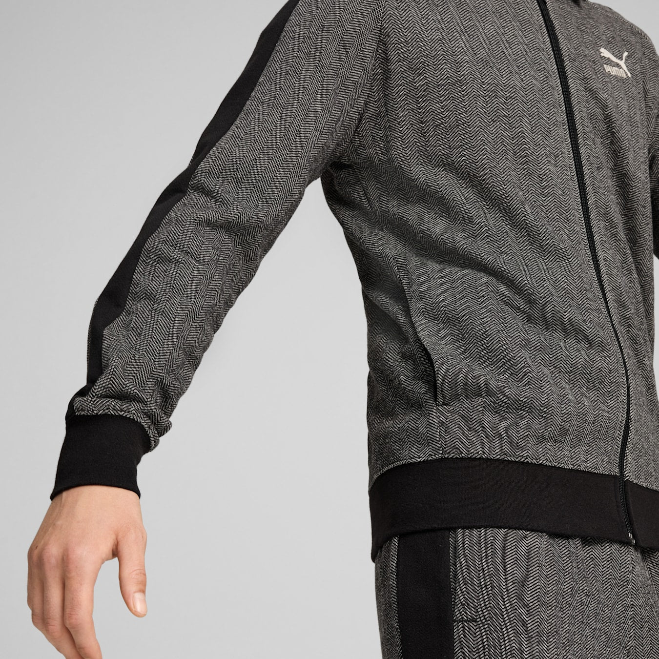 Puma T7 Track Jacket in Black/Grey herringbone pattern