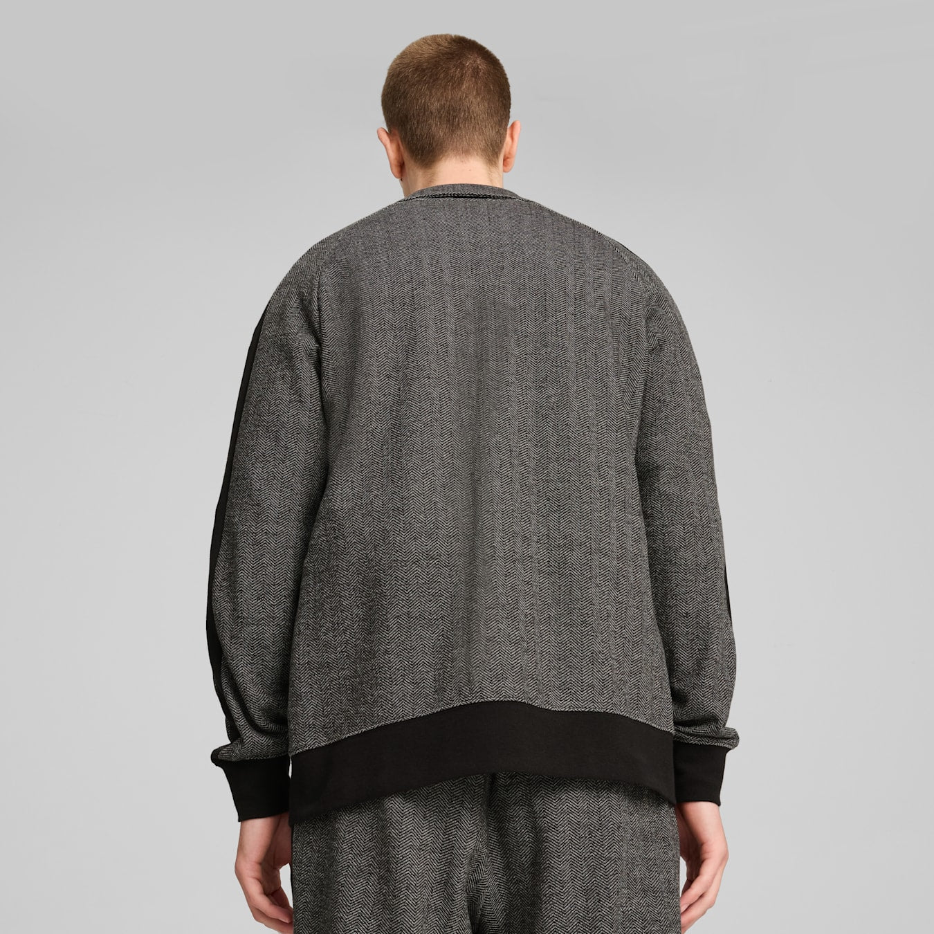 Puma T7 Track Jacket in Black/Grey herringbone pattern