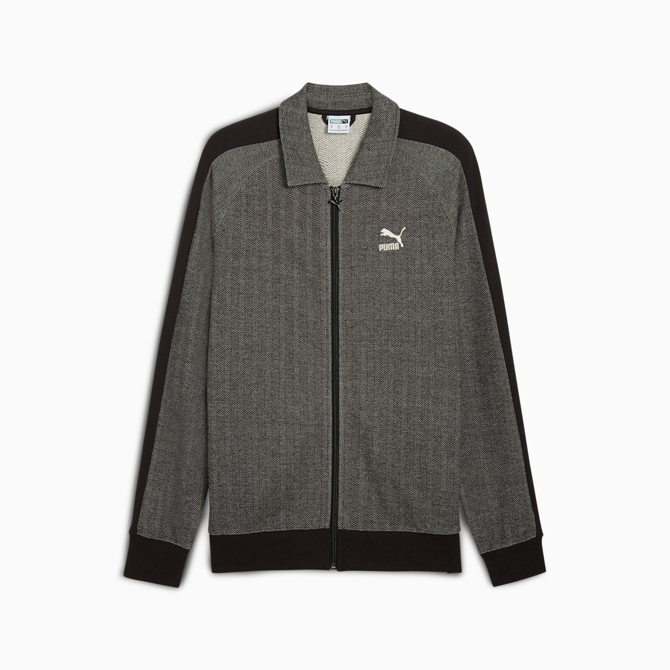 Puma T7 Track Jacket in Black/Grey herringbone pattern